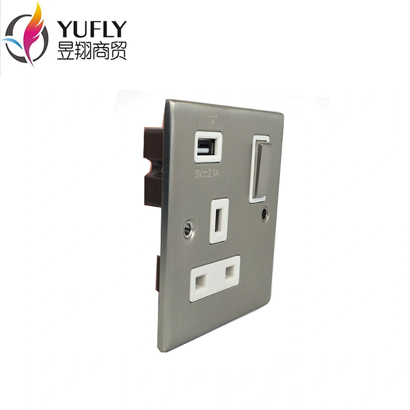 UK standard satin brush chrome 1 gang 2 USB port wall charge usb power switch socket