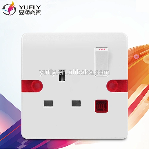 UK standard 13A 1 gang electric wall light switched socket with neon wall housing light switched socket