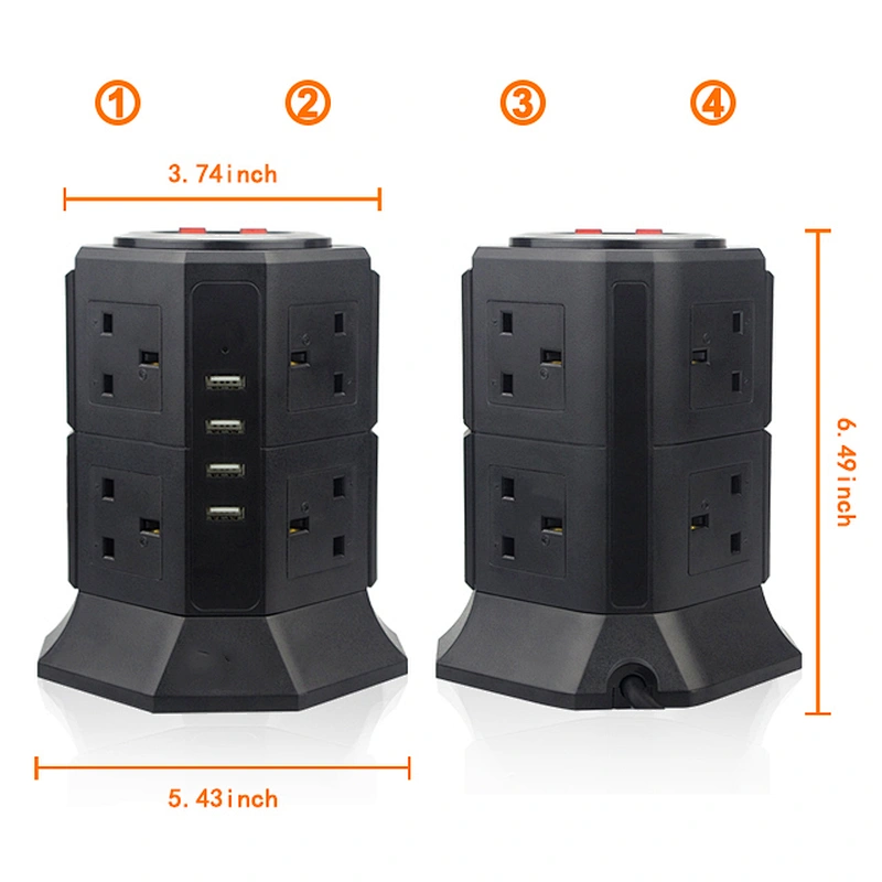 Tower Power Strip  8 Socket UK Outlet Plug with 4 USB Smart Charger Protector Multi-outlet Power Strip