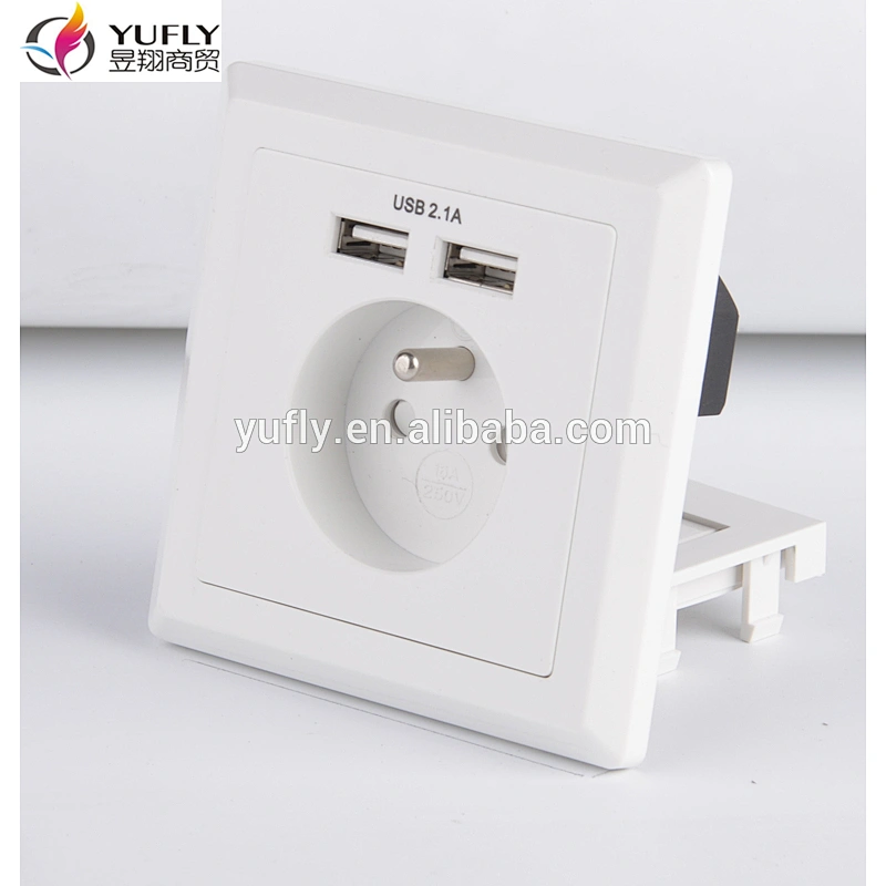 French standard one gang 2 USB port 16A wall power switched socket