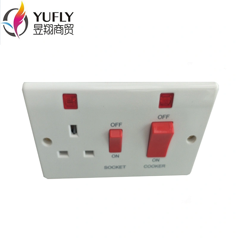 Hot sale UK standard 45A +13A wall switched socket with neon wall power cooker switch