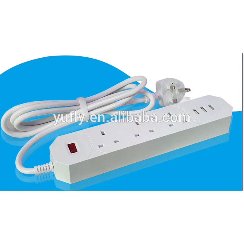 3. way USB charge UK power strip extension socket with light