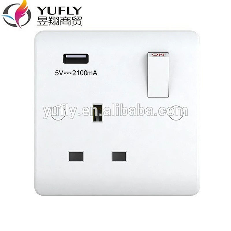 2020 hot sale british standard one gang 1 USB port 13A wall power switched socket UK switch with usb switch
