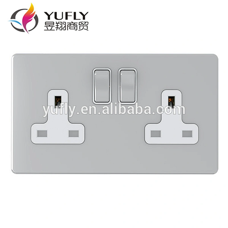 screwless polished chrome UK 2 gang 13A electric wall switched socket