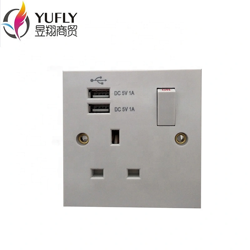 UK standard 1 gang 2 USB port 13A wall power switched socket usb electrical switch socket