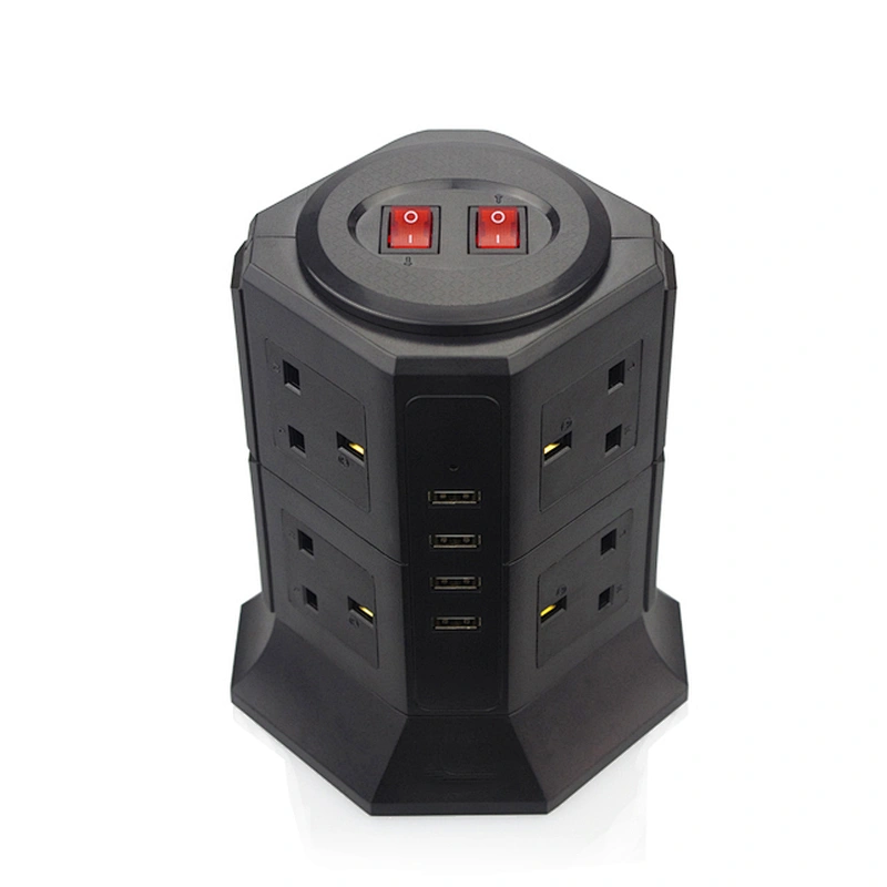 Tower Power Strip  8 Socket UK Outlet Plug with 4 USB Smart Charger Protector Multi-outlet Power Strip