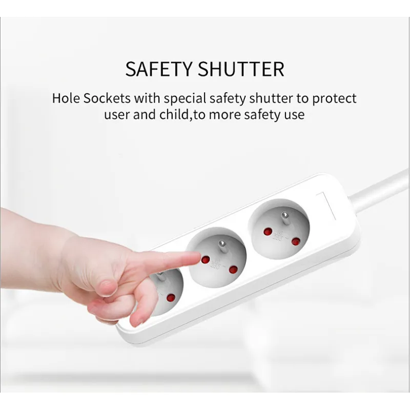 3 way French surge protection power strip electrical  extension cables socket With Children protectors(shutter)