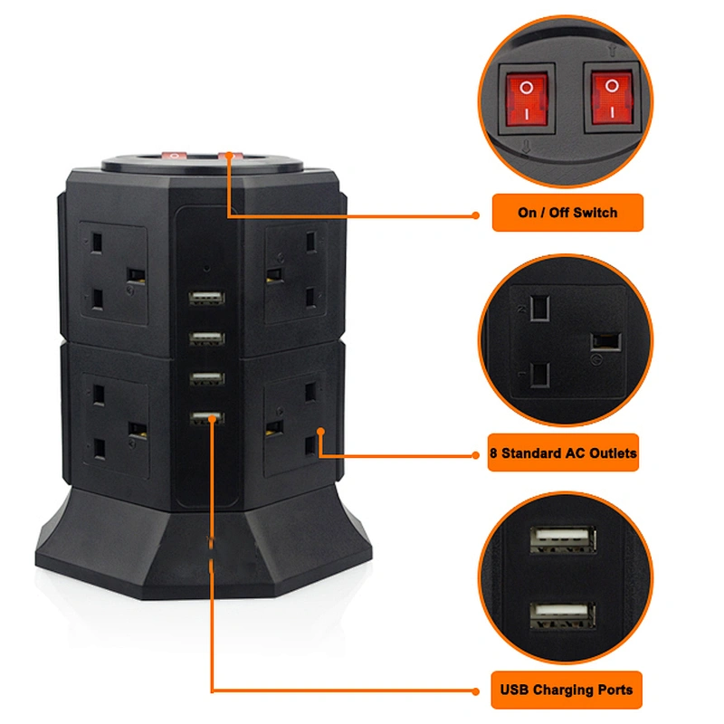 Tower Power Strip  8 Socket UK Outlet Plug with 4 USB Smart Charger Protector Multi-outlet Power Strip