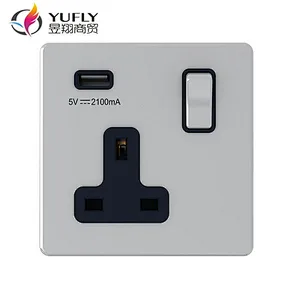 screwless polished chrome 1 gang 13A 2 USB port wall power switched socket