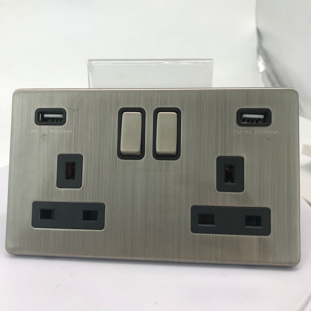 UK standard screwless satin chrome 2 gang 2 USB port wall usb controlled charge power switched house hotel socket