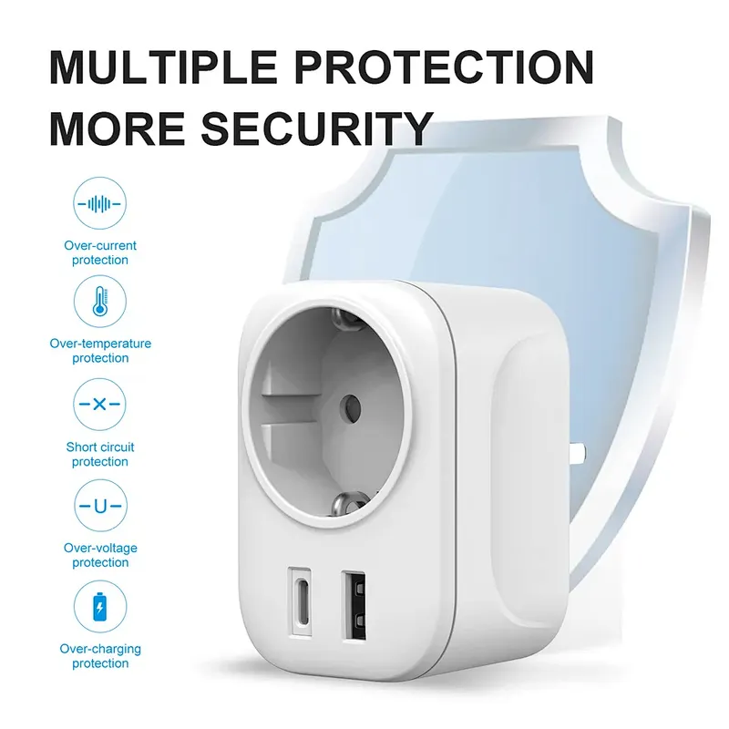 European Travel Plug Adapter EU to UK International Power Adaptor with USB C EU Outlets 3 in 1 plug adapter