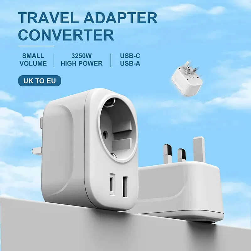 European Travel Plug Adapter EU to UK International Power Adaptor with USB C EU Outlets 3 in 1 plug adapter