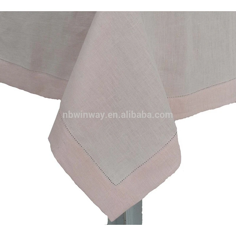 100% linen table cloth /pure natural linen dot hemstitch table cloth / 100% linen dot hemstitch table cover