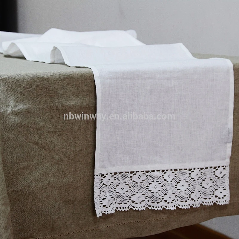 100% linen table runner / pure natural linen hemstitch table runner / hollow hook flower linen table runner