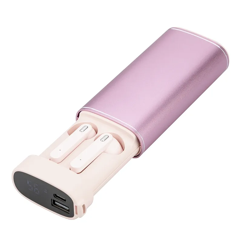 Aluminum Blue Tooth Wireless Headphones Stereo TWS Mini Portabel LED Powerbank Earphones