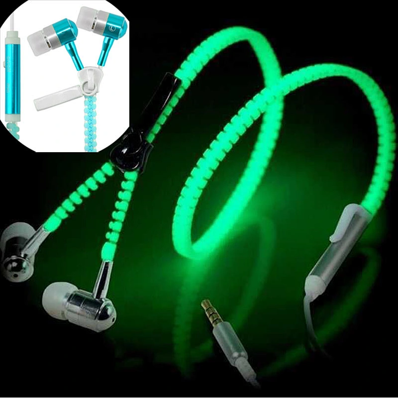 CE ROHS Fashion media player luminous glowing lighted zipper led earphone