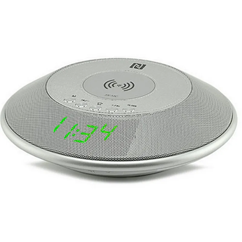 QI Mini Portable Thin Metal Bluetooth Round Phone Charger Wireless Alarm Clock Speaker
