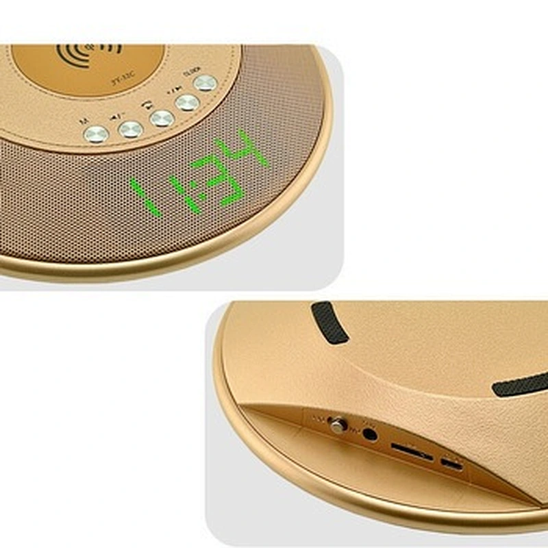 QI Mini Portable Thin Metal Bluetooth Round Phone Charger Wireless Alarm Clock Speaker