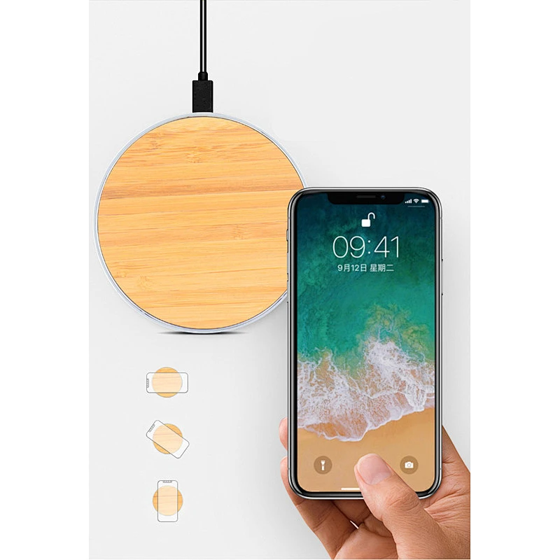 Promotion Gift Universal Portable Round QI Bamboo Wireless Charger