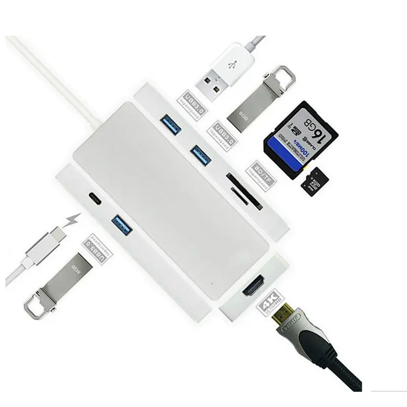 Multi function 7 in 1 Combo 3 Port type-c USB charging hub with sd tf smart card reader port and play connection
