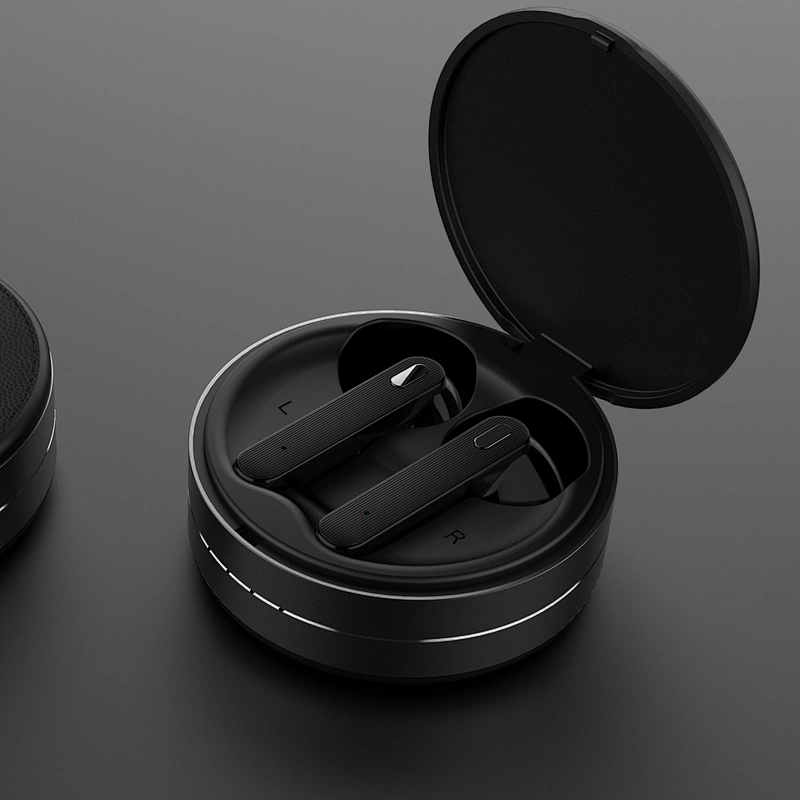 5.0 TWS Bluetooth Wireless Earbuds With Mini Round Leather Charging Box