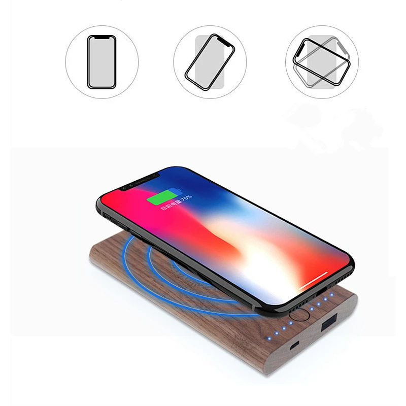 Fast Portable Mobile Power Bank Universal Wood USB QI Wireless Charger