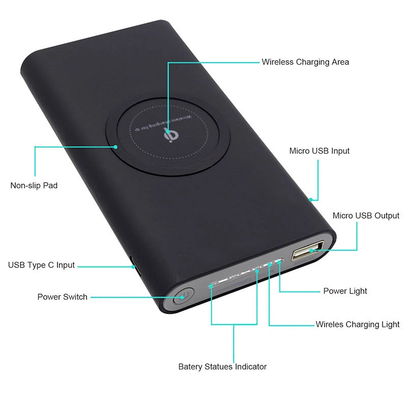 dual usb port 2.1A wireless portable 10000mAh qi battery charger