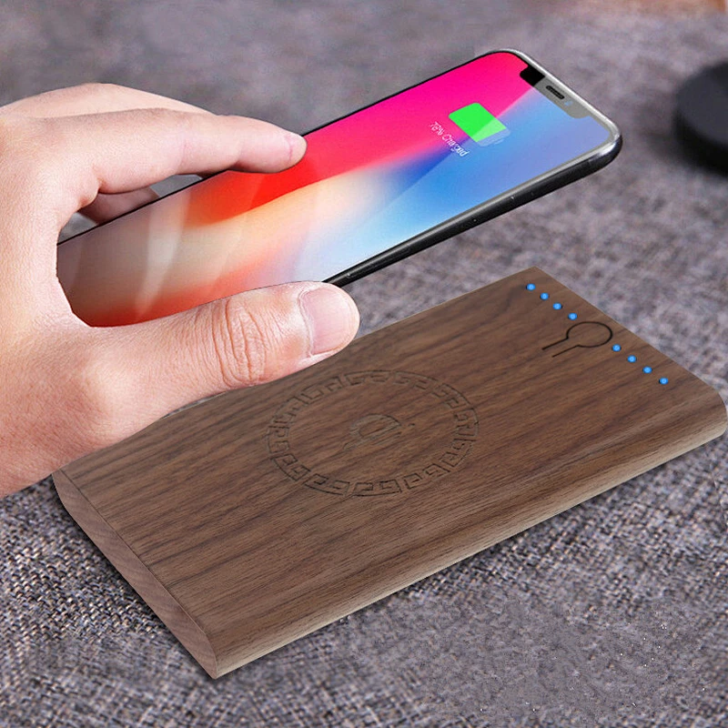 Fast Portable Mobile Power Bank Universal Wood USB QI Wireless Charger