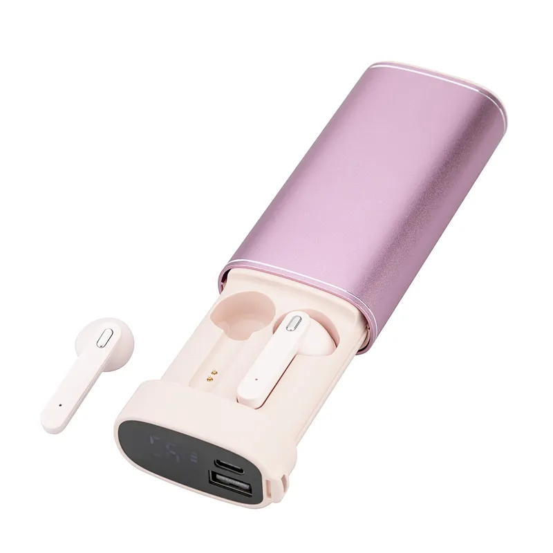 Aluminum Blue Tooth Wireless Headphones Stereo TWS Mini Portabel LED Powerbank Earphones