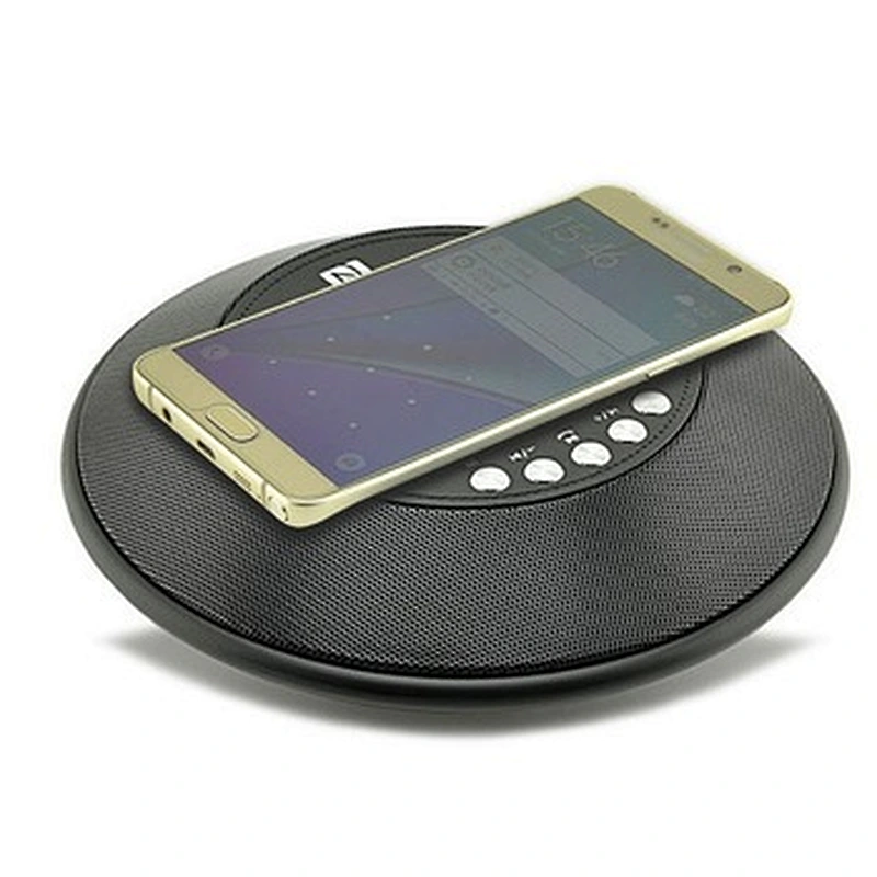 QI Mini Portable Thin Metal Bluetooth Round Phone Charger Wireless Alarm Clock Speaker