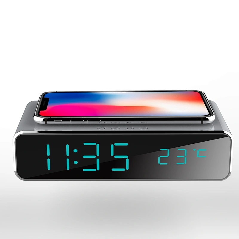 custom logo Portable QI  Led Digital Alarm Clock Fast Charging Temperature Display square Wireless Charger