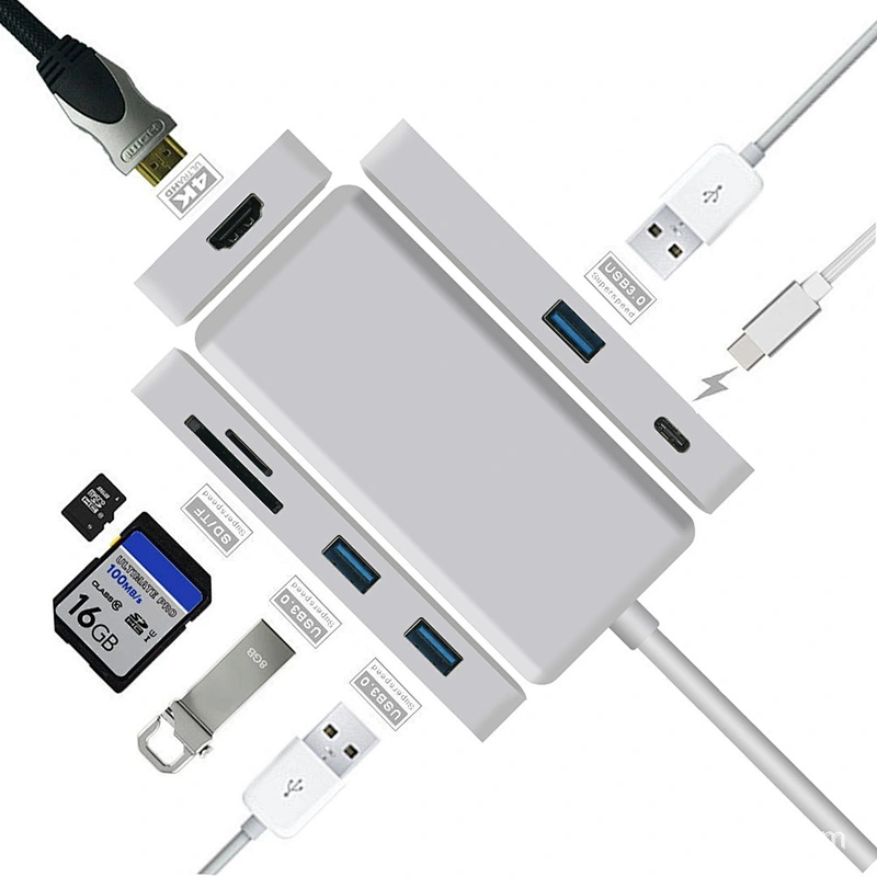 Multi function 7 in 1 Combo 3 Port type-c USB charging hub with sd tf smart card reader port and play connection