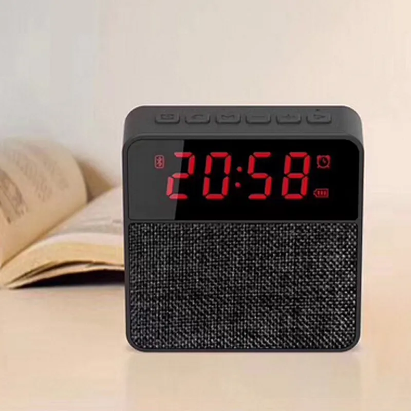 square mini portable stereo wireless rechargeable alarm clock fabric lcd time display speaker