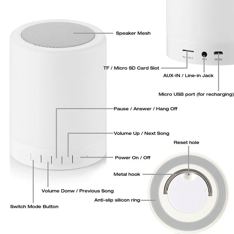 Portable Wireless Smart 7 Color LED Light Bluetooth Touch Speaker