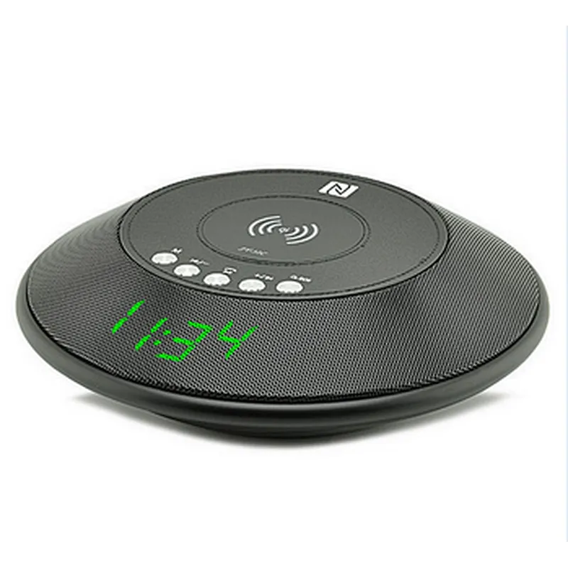 QI Mini Portable Thin Metal Bluetooth Round Phone Charger Wireless Alarm Clock Speaker