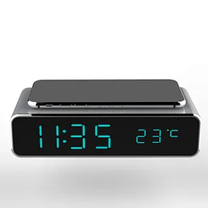 custom logo Portable QI  Led Digital Alarm Clock Fast Charging Temperature Display square Wireless Charger