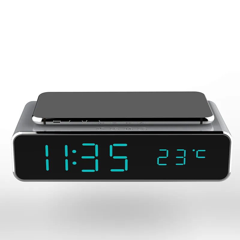 custom logo Portable QI  Led Digital Alarm Clock Fast Charging Temperature Display square Wireless Charger