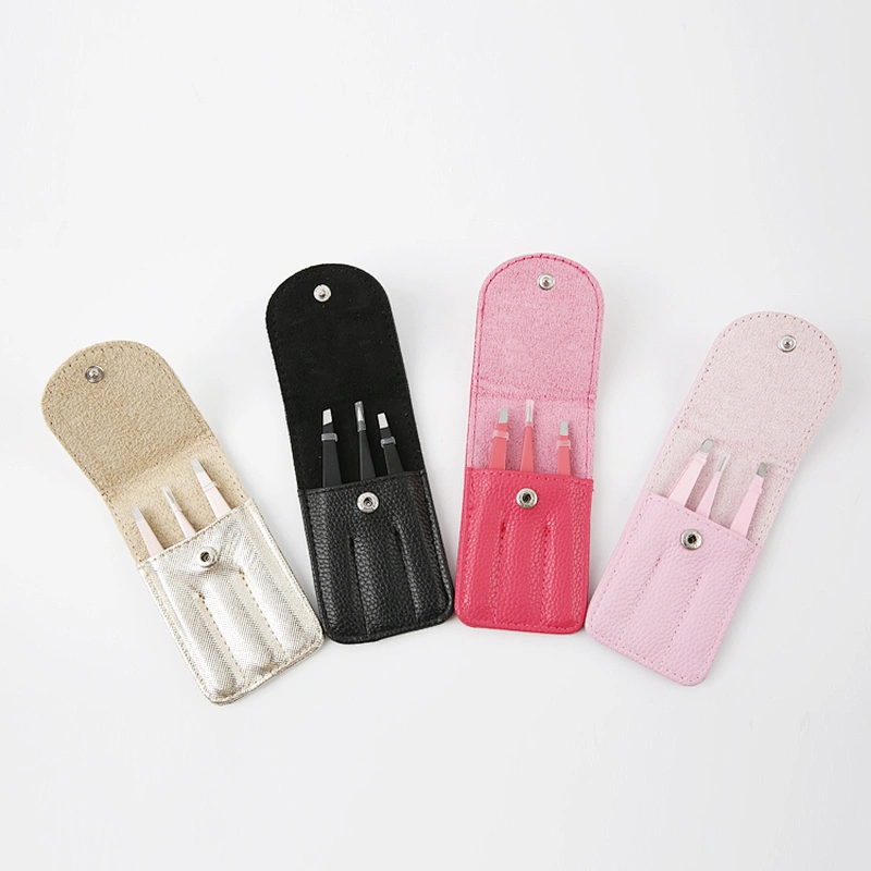 Professional Hot Selling 3pcs Eyebrow Tweezers Stainless Steel Makeup Eyebrow Tweezer Set with Pu Bag
