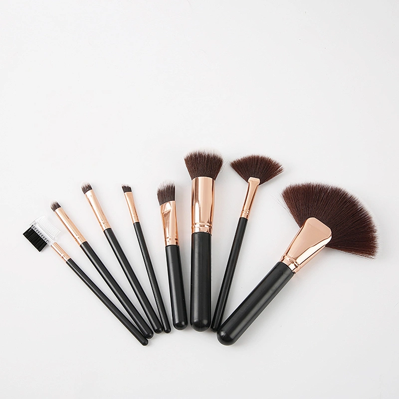 8 Pcs Makeup Brushes Set Black body Black and Pink Fabric Hair
