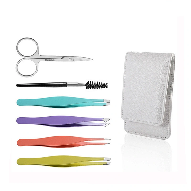 Beauty Tools Colorful Customize Slanted Stainless Steel 6Pcs Eyebrows Tweezer Scissors Set