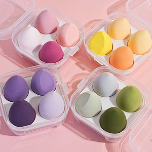 customizable privage label 4pcs makeup remover clean sponge set transparent plastic case and different shape of sponges