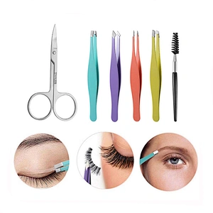 Beauty Tools Colorful Customize Slanted Stainless Steel 6Pcs Eyebrows Tweezer Scissors Set