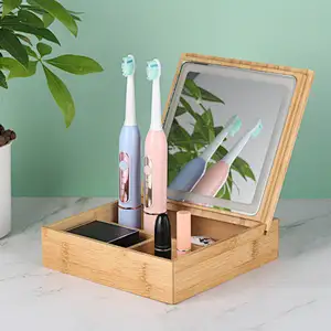 Custom Mirror Bamboo Storage Type LED Lights Smart Makeup Mirror With Button To Control