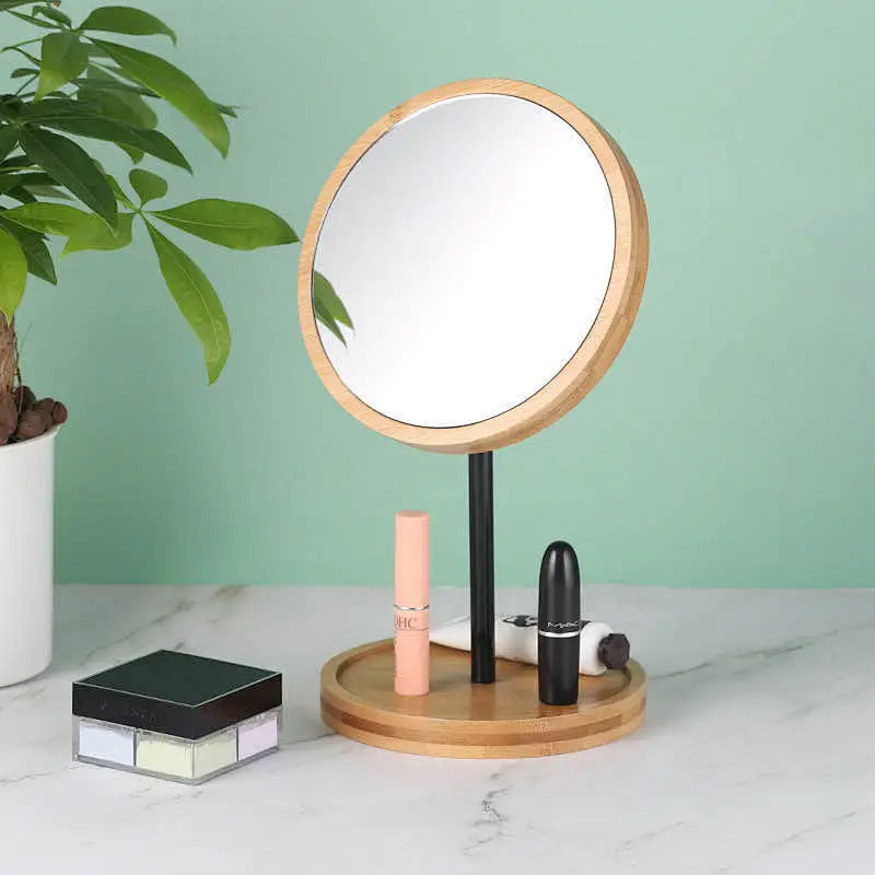 Custom Student Dormitory Retro Style Minimalistic Style Bamboo Frame Desktop Round Makeup Mirror