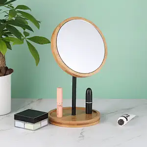 Custom Student Dormitory Retro Style Minimalistic Style Bamboo Frame Desktop Round Makeup Mirror