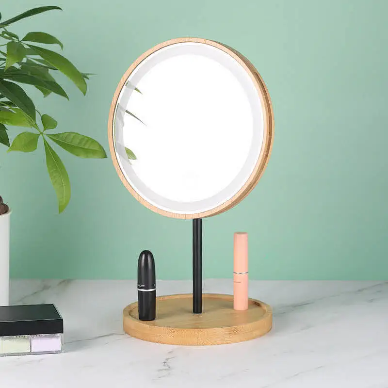 Custom Bamboo Wooden Frame  LED Light Smart  Private Table Standing Makeup Mirror
