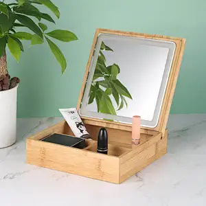 Custom Mirror Bamboo Storage Type LED Lights Smart Makeup Mirror With Button To Control