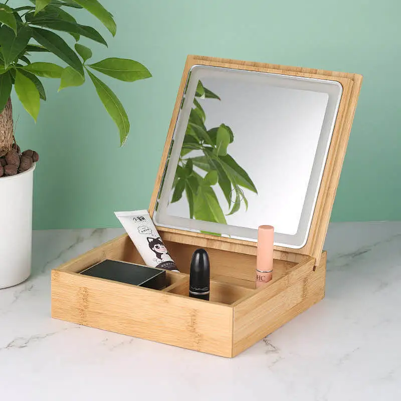 Custom Mirror Bamboo Storage Type LED Lights Smart Makeup Mirror With Button To Control