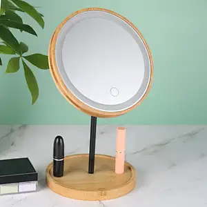 Custom Bamboo Wooden Frame  LED Light Smart  Private Table Standing Makeup Mirror