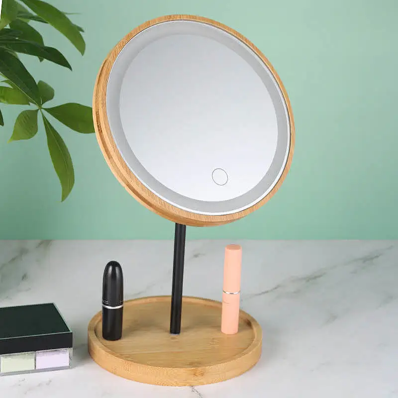 Custom Bamboo Wooden Frame  LED Light Smart  Private Table Standing Makeup Mirror